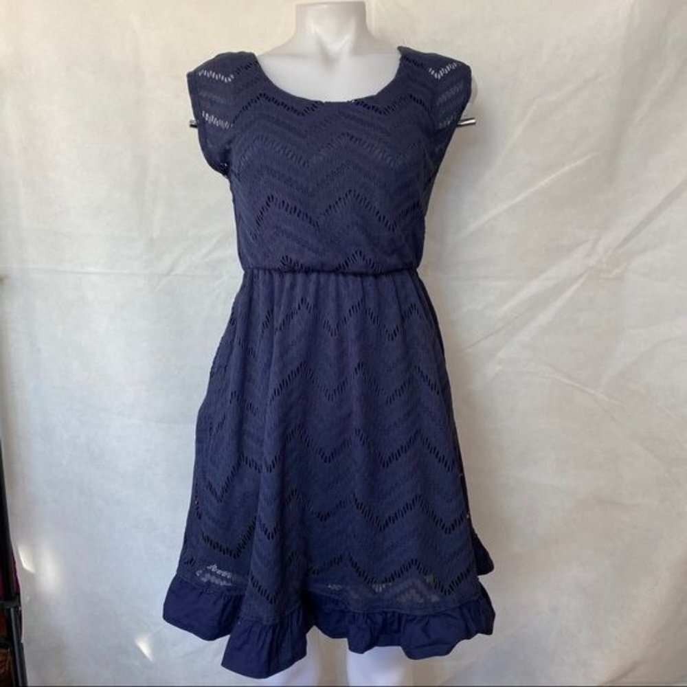 BCX Navy Blue Lace Country Spring Summer A-line Ruffle Flirty Dress Size XS